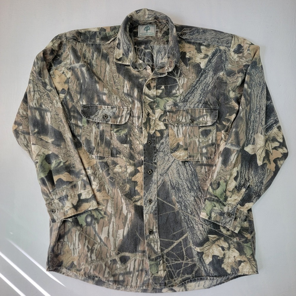 Vintage Mossy Oak Camo Button Up Shirt Mens XL Tree Leaf Camouflage Made in USA